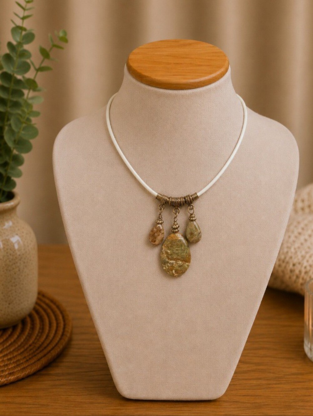 Handmade Natural Stone Pendant Necklace | White Cord Artisan Statement Necklace